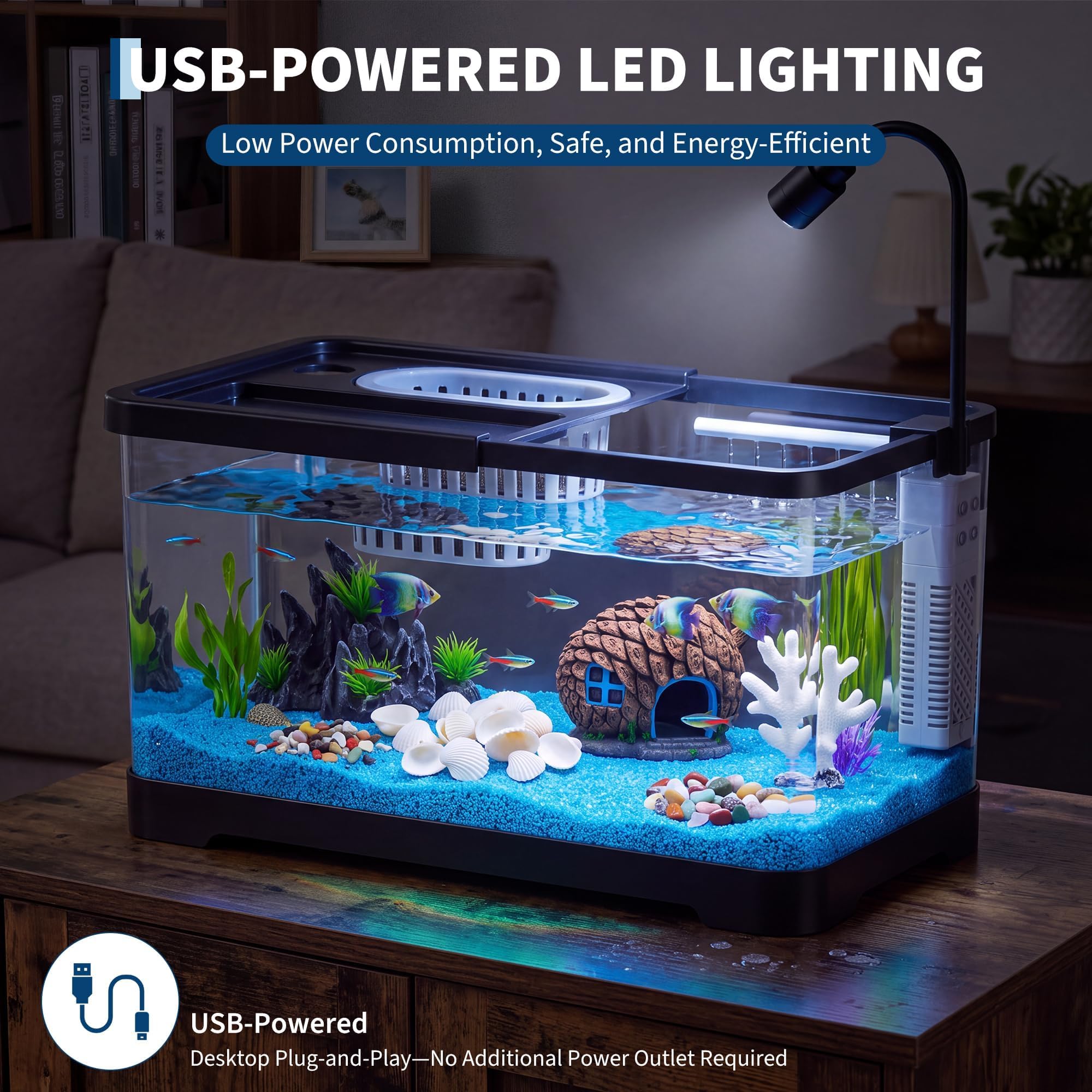 金魚、エビ、ベタ、ヤドカリ用のフィルターとライト付きプラスチ - Betta Fish Tank のレビューと価格